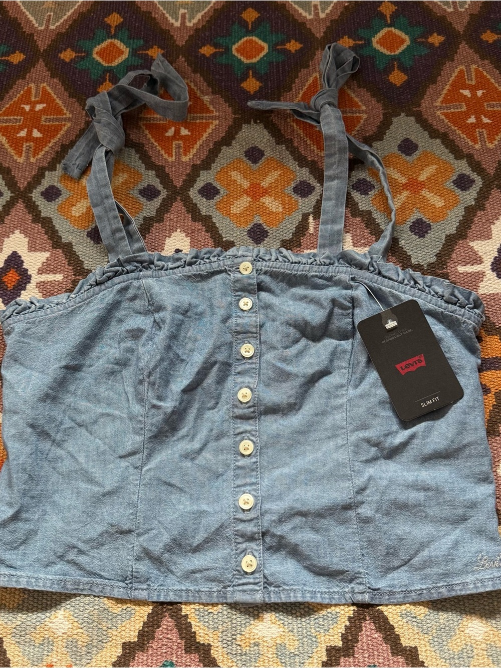 Levi's Denim Women's Crop Top Tie Straps Women’s Size Small Button Front New